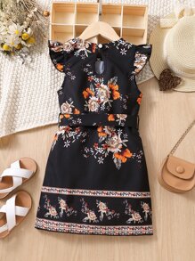 SHEIN Niñitas Vestido con estampado floral ribete con fruncido de espalda con abertura de ojo - Negro - Ver 2
