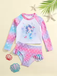 年轻女孩鱼鳞和美人鱼印花荷叶边分体泳衣夏季海滩