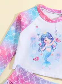 年轻女孩鱼鳞和美人鱼印花荷叶边分体泳衣夏季海滩