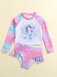 年轻女孩鱼鳞和美人鱼印花荷叶边分体泳衣夏季海滩