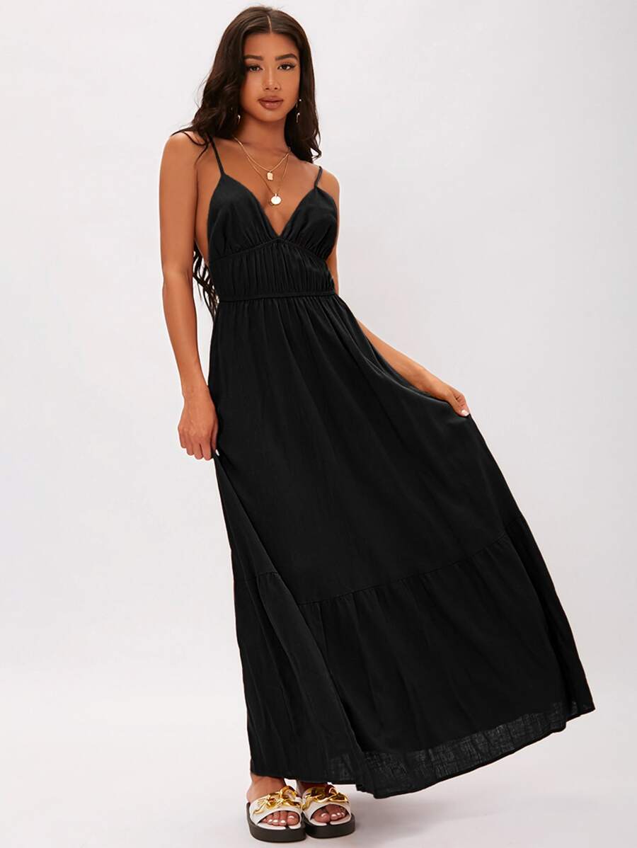 SHEIN Tall Đầm Lộ Lưng Viên lá sen màu trơn Boho - màu đen - Xem 1