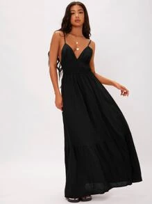 SHEIN Tall Đầm Lộ Lưng Viên lá sen màu trơn Boho - màu đen - Xem 4