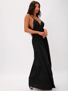 SHEIN Tall Đầm Lộ Lưng Viên lá sen màu trơn Boho - màu đen - Xem 5