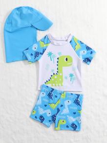 Baby Boy Swimwear With Digital Print Pattern/Random Print Design Bottoms And Matching Swim Cap