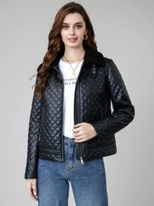MIEGOFCE Zip Up Teddy Collar Quilted Coat - Black - View 1