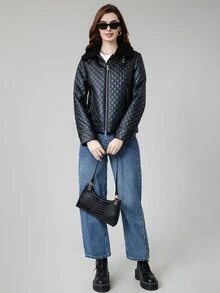 MIEGOFCE Zip Up Teddy Collar Quilted Coat - Black - View 3