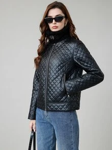 MIEGOFCE Zip Up Teddy Collar Quilted Coat - Black - View 5