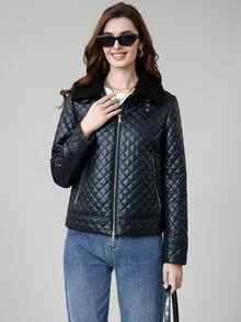 MIEGOFCE Zip Up Teddy Collar Quilted Coat - Black - View 6