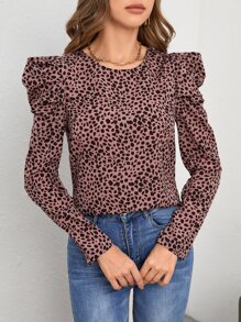 SHEIN LUNE 达尔马提亚印花羊腿袖衬衫，长袖上衣，休闲款 - 藕粉色 - 查看 4