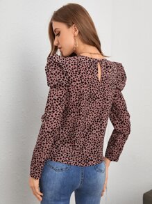 SHEIN LUNE 达尔马提亚印花羊腿袖衬衫，长袖上衣，休闲款 - 藕粉色 - 查看 2