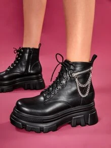 SheIn ICON Chain Decor Side Zip Lace-up Front Combat Boots - Black - View 1