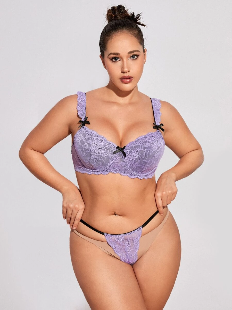 大碼花卉蕾絲鋼圈內衣套裝 - 紫丁香色 - 查看 1