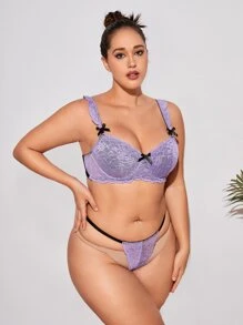 大碼花卉蕾絲鋼圈內衣套裝 - 紫丁香色 - 查看 4