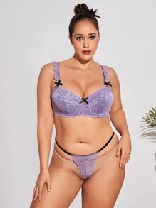大碼花卉蕾絲鋼圈內衣套裝 - 紫丁香色 - 查看 5