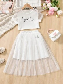 SHEIN Tween Girl Letter Graphic Contrast Mesh Tee & Skirt - White - View 1