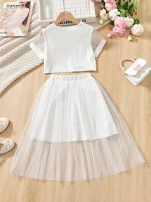 SHEIN Tween Girl Letter Graphic Contrast Mesh Tee & Skirt - White - View 2