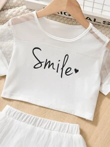 SHEIN Tween Girl Letter Graphic Contrast Mesh Tee & Skirt - White - View 5