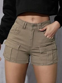 SHEIN EZwear Flap Pocket Cargo Denim Shorts - Camel - View 1