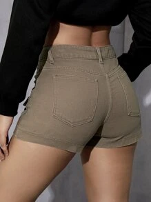 SHEIN EZwear Flap Pocket Cargo Denim Shorts - Camel - View 3