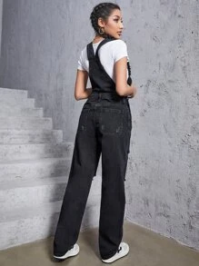 Ripped Pocket Front Denim Dungarees - Black - View 2