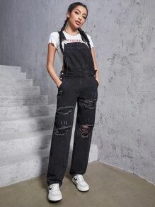 Ripped Pocket Front Denim Dungarees - Black - View 3