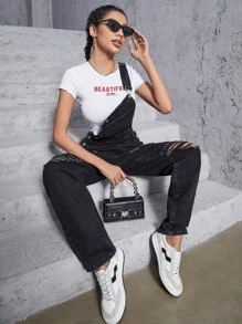 Ripped Pocket Front Denim Dungarees - Black - View 5