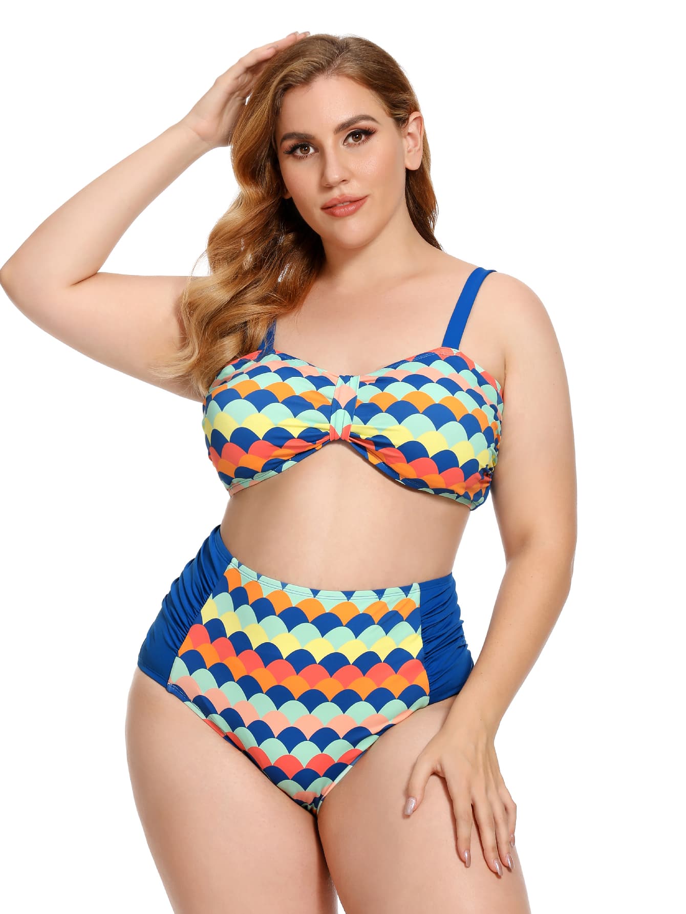 Plus Size Geometric Print Ruched High Waisted Bikini Set Summer Beach - Multicolor - View 1