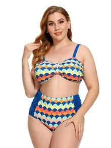 Plus Size Geometric Print Ruched High Waisted Bikini Set Summer Beach - Multicolor - View 3