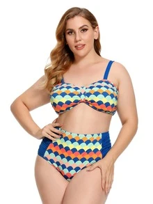 Plus Size Geometric Print Ruched High Waisted Bikini Set Summer Beach - Multicolor - View 5