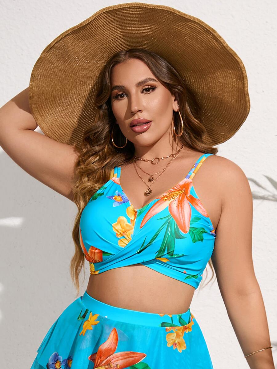 SHEIN Swim Curve Top bikini con estampado floral cruzado push up - Azul menta - Ver 1