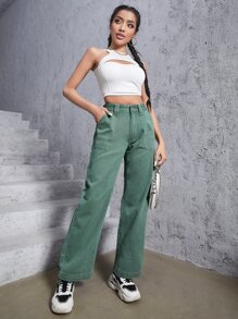 High Waist Straight Leg Jeans - Green - View 4