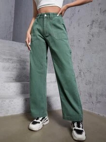 High Waist Straight Leg Jeans - Green - View 5