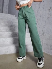 High Waist Straight Leg Jeans - Green - View 2