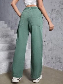 High Waist Straight Leg Jeans - Green - View 3