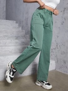 High Waist Straight Leg Jeans - Green - View 1