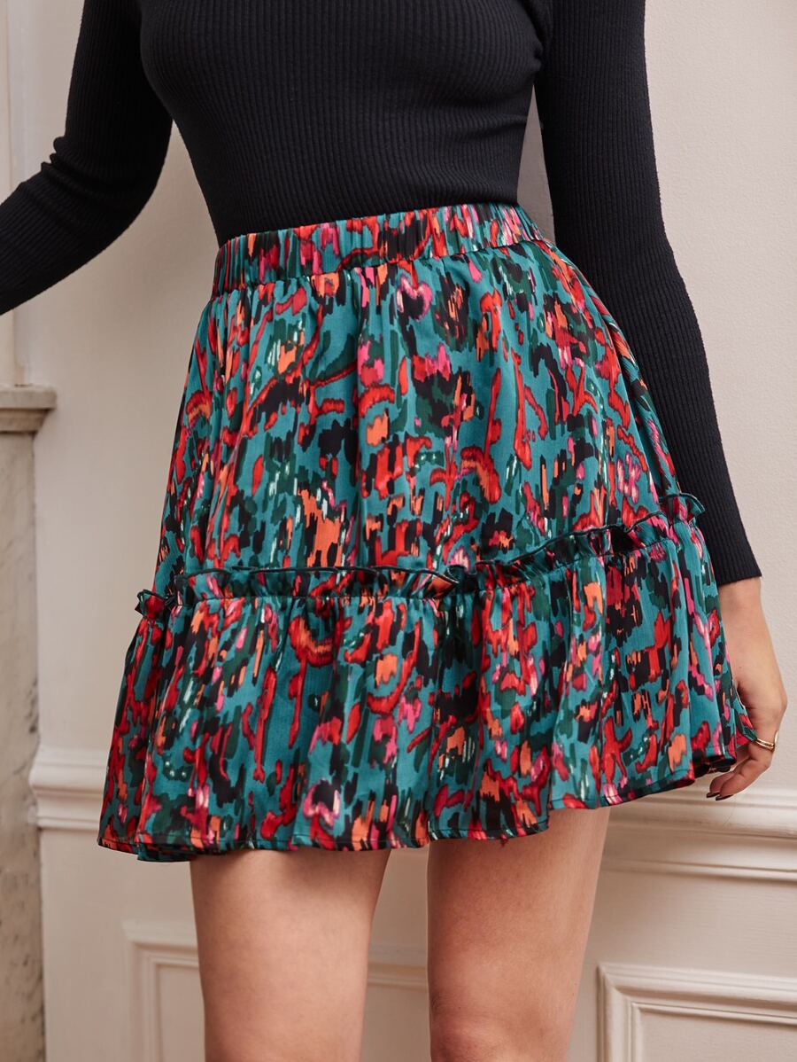 SHEIN Frenchy Allover Print Ruffle Hem Skirt - Multicolor - View 1