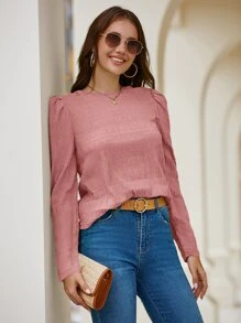 SHEIN LUNE Áo sơ mi nữ Nút màu trơn Giải trí - Bụi hồng - Xem 4