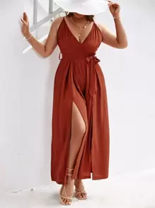 Simplee Plus Split Thigh Belted Cami Jumpsuit - Burnt Orange - View 1