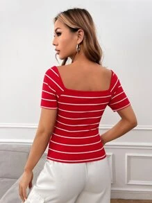 SHEIN EZwear Knot Front Striped Top - Red - View 2