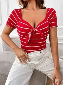SHEIN EZwear Knot Front Striped Top - Red - View 3