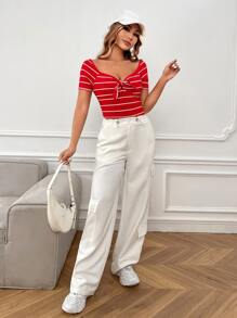 SHEIN EZwear Knot Front Striped Top - Red - View 5