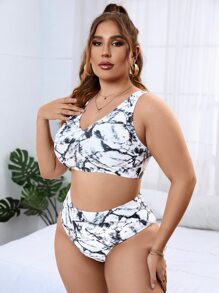 加肥型全印花比基尼套裝，含沙灘裙，適用於夏季沙灘 - 黑與白 - 查看 6