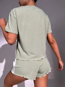 Lettuce Trim Tee & Contrast Side Seam Shorts Lounge Set - Mint Green - View 2
