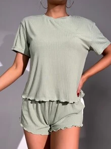Lettuce Trim Tee & Contrast Side Seam Shorts Lounge Set - Mint Green - View 3
