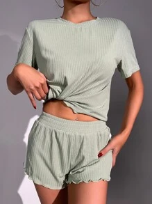 Lettuce Trim Tee & Contrast Side Seam Shorts Lounge Set - Mint Green - View 5