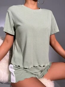 Lettuce Trim Tee & Contrast Side Seam Shorts Lounge Set - Mint Green - View 6