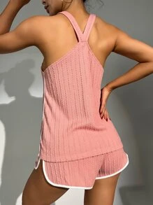 Contrast Binding Crisscross Backless Cami Top & Shorts Lounge Set - Dusty Pink - View 2