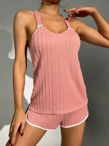 Contrast Binding Crisscross Backless Cami Top & Shorts Lounge Set - Dusty Pink - View 3