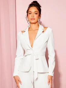 SHEIN BAE Solid Lapel Collar Belted Blazer - White - View 5
