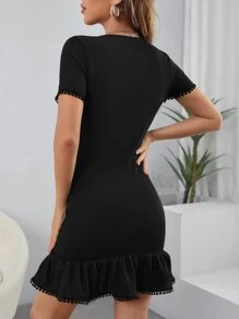 SHEIN Clasi Lace Trim Ruffle Hem Dress - Black - View 3